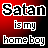 A 3x3 contact sheet of animated frames showing a pixelated text-based icon with the phrase "Satan is my home boy" on a red-to-black gradient background, where each frame displays different letter highlighting patterns.