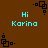 Brown background with cyan text 'Hi Karina' and black pixelated square patterns in four corners.
