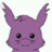 Purple cartoon character with large black eyes, two long ears raised upward, and a small smiling mouth on white background.