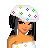 Pixel art of a woman with dark hair wearing a white beret and dress covered in colorful cross-shaped flowers, holding an ice cream cone.