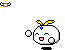 Pixelated white spherical character with yellow wings and blue gem on forehead, holding envelopes or cards amid floating hearts and sparkles.
