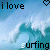 Animated contact sheet of a surfing-themed buddy icon showing wave motion with text overlays and heart symbols.
