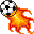 Six pixelated soccer ball icons with orange-yellow flames trailing behind them on a gray background.