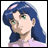 Pixelated anime-style character with blue hair and green eyes on left, black background with white text on right.