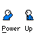 Pixel art character in blue shirt with white head, performing actions with red glowing symbols and projectiles against gray background, text "Power Up" below each frame.