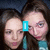 four pixelated images showing a person with long brown hair and teal clothing, each displaying different text overlays in light blue boxes