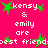 Static pixel art with bright pink background, green stars, and white text reading 'kensy & emily are best friends' repeated in a