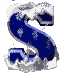 Blue S-shaped figure with snow-covered edges and falling snowflakes on a gray background, animated with changing snowflake positions.