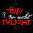 Six distinct text-based designs with stylized 'Twilight' script, each featuring a colored rectangular banner above and below the script against black background.