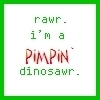 Static square icon with green border containing pixelated text on white background, featuring a dinosaur-themed phrase in mixed fonts and colors.