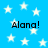 Blue background with white stars and four instances of the text 'Alana!' in black pixelated font.