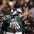 A pixelated image split into two sections: left shows a person in dark clothing with white text, right displays an eagle head logo on teal background.