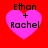 Four identical pink heart-shaped icons with black text 'Ethan + Rachel' on a red background, arranged in a