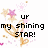 Pixelated text and animated star/pink heart graphics on white background with gray corner.