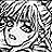 Pixelated black-and-white image of a character with short hair and a headband, next to stylized text on a dark background.