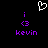 A black background displays two identical purple pixelated icons with 'kevin' text below each, flanked by a white heart symbol above.