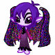 A chibi-style character with purple hair in pigtails, large eyes, and bat-like wings wears a dark dress against white background.