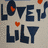 Pixelated text 'LOVELY LILY' in dark blue with red heart accents on a light gray background.