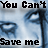 Pixelated image with text "You Can't Save me" over a blue-toned background featuring abstract shapes and a vertical pole-like structure.