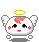 Pixelated angelic character with pink cheeks, red hair patch, yellow halo, and white wings in nine positions showing varied eye and mouth expressions