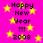 A static image with a bright pink background filled with yellow stars, displaying repeated text "Happy New Year !!!! 2008" in black pixelated font.