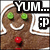 Animated gingerbread figure with green eyes and red button nose, displaying text changes from 'YUM... :P' to 'HAVE A HAPPY HOLIDAY!' against white background.