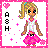 Pixel art icon of a blonde girl with blue eyes, wearing pink and white clothing, standing against a white background with pink border elements.