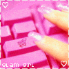 pink keyboard keys with a hand pressing one key, surrounded by hearts and 'glam girl' text in pixelated font