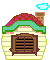 Pixel art animation of a Hello Kitty character emerging from a house with a red roof and green trim, set against a gray background with blue clouds.