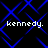 Blue diamond lattice pattern on black background with four instances of 'kennedy.' text in white pixelated font.