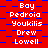 Red background with blue pixelated pattern, white text listing names in