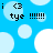 Blue background with light blue and white circles; black text 'i <3 tye !!!!!' in pixelated font inside some circles.