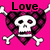 Pixelated icon with pink background, skull and crossbones in heart shape, 'Love' text above each side.