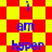 Blue text 'i am hyper i am hyper' on red and yellow checkered background with diamond pattern.