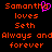 Pixelated orange text on black background reads 'Samantha loves Seth Always and always forever' with a pink heart replacing the 'a' in Samantha.