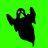 Animated ghost icon with three distinct color variations against a bright green background.