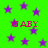 Green background with purple stars and repeated red text 'GABY' in pixelated font.
