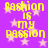 Purple background with light pink stars and yellow pixelated text reading "Fashion is my passion" repeated in a pattern