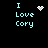 Pixelated cyan text "I Love Cory" on black background with four distinct animated symbols: white heart, white starburst, white dot cluster, and no symbol.