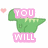 Green pixelated dinosaur with black eyes and pink hearts, displaying text in pink boxes