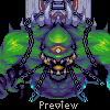 Pixel art creature with green and purple body, multiple eyes, chains, and glowing elements against black background; text "Prevev" at bottom.