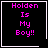 Four identical black square with pink text "Holden Is My Boy!!" and white borders, each containing a distinct small symbol in the bottom-right corner
