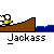 Animated sequence of a yellow cartoon character on brown ramps with blue water, performing actions like standing, jumping, and falling into the water.