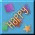 Pixelated blue background with purple, green, orange, and brown shapes; central curved object shifts position across frames.