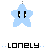 A 4-frame animated contact sheet showing a light blue star-shaped character with black eyes and yellow pupils, each frame displaying the word "lonely" in varying text styles beneath it.