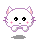 Four pixelated cat icons with white fur, pink inner ears, and purple outlines arranged in a on gray background