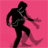 Silhouette of a person with a guitar strap performing a sequence of dance moves against a solid pink background.