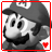 Pixelated grayscale image of a cartoon character with mustache and cap, featuring red or blue heart symbol in bottom corner.