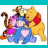 Pixelated cartoon characters including a yellow bear, blue donkey, orange tiger, and pink rabbit huddle together on white background with cyan border.