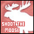 White moose silhouette on reddish-brown background with 'SHOOT THE MOOSE' text in red and white blocks, animated color variation.